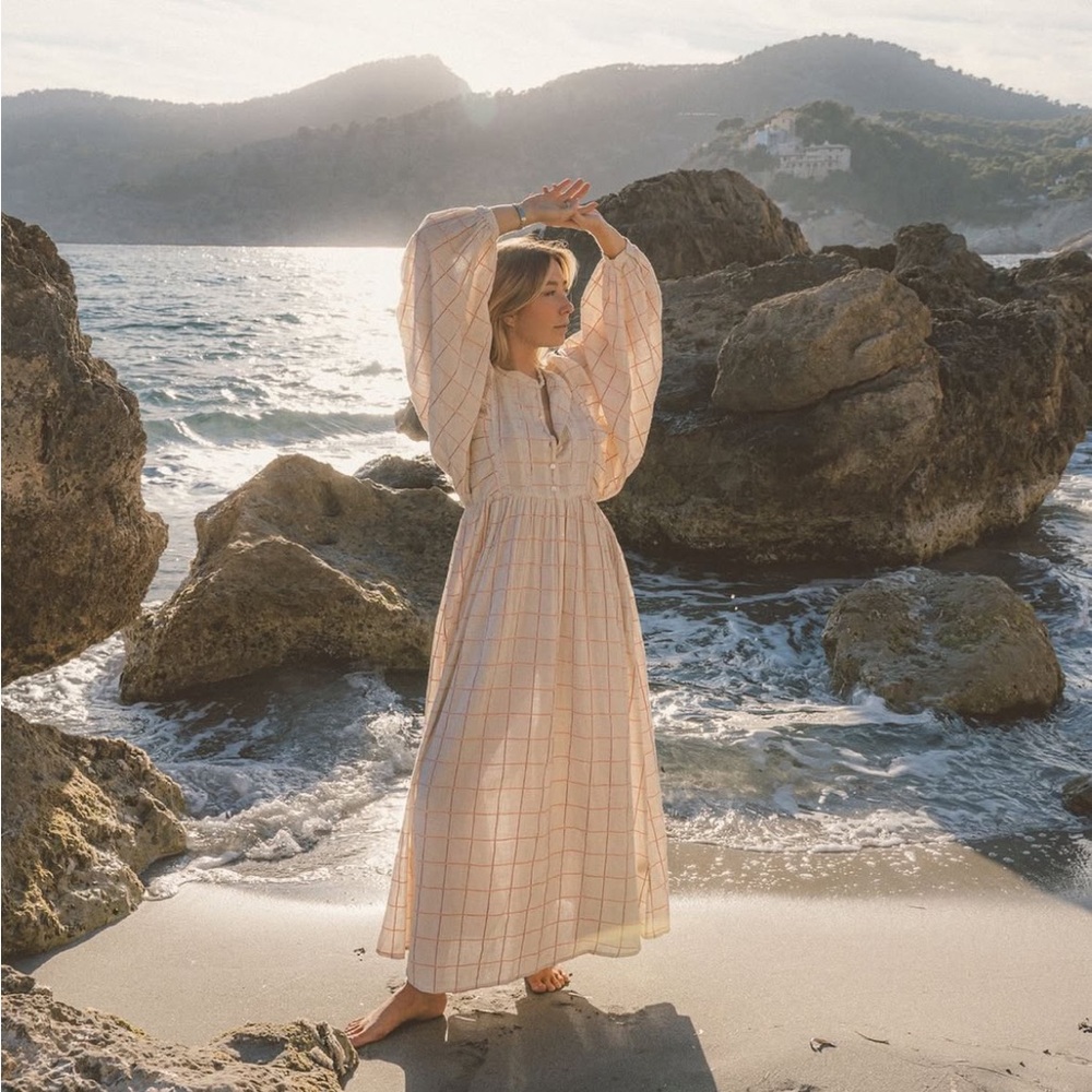 Boho Maxi Dress in Soft Cream Windowpane